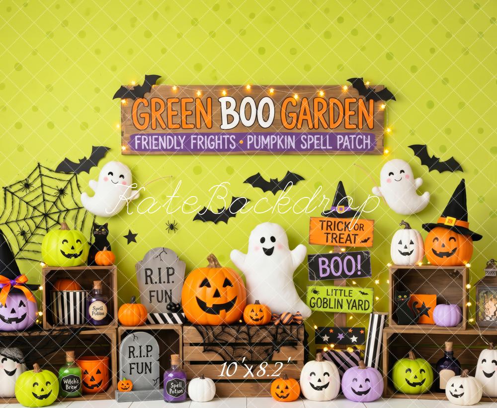 Kate Halloween Trick Or Treat Green Ghost Pumpkin Display Printed Backdrop Designed by Patty Roberts