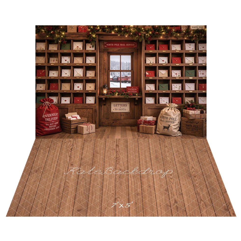 Kate Christmas North Pole Mail Room Letters Presents Shelves Garland Printed Backdrop+Brown Wood Plank Retro Wall Printed Backdrop