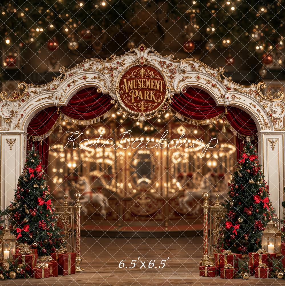 Kate Christmas Amusement Park Arch Christmas Trees Printed Backdrop Designed by Emetselch