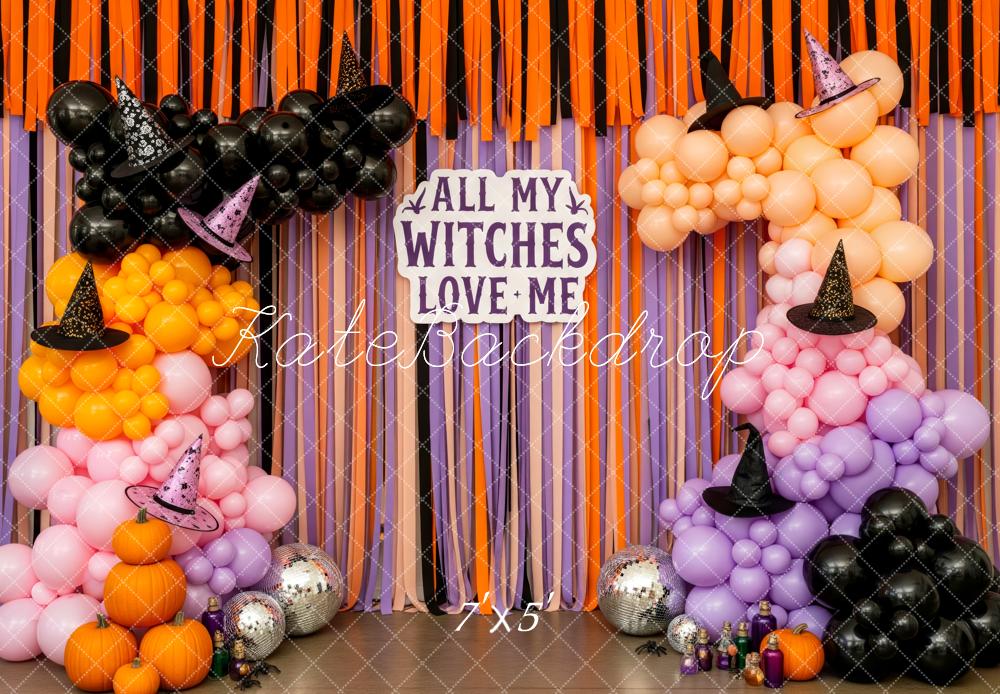 Kate Halloween Balloon Arch Witch Hat Pumpkins Orange Purple Backdrop Designed by Patty Roberts