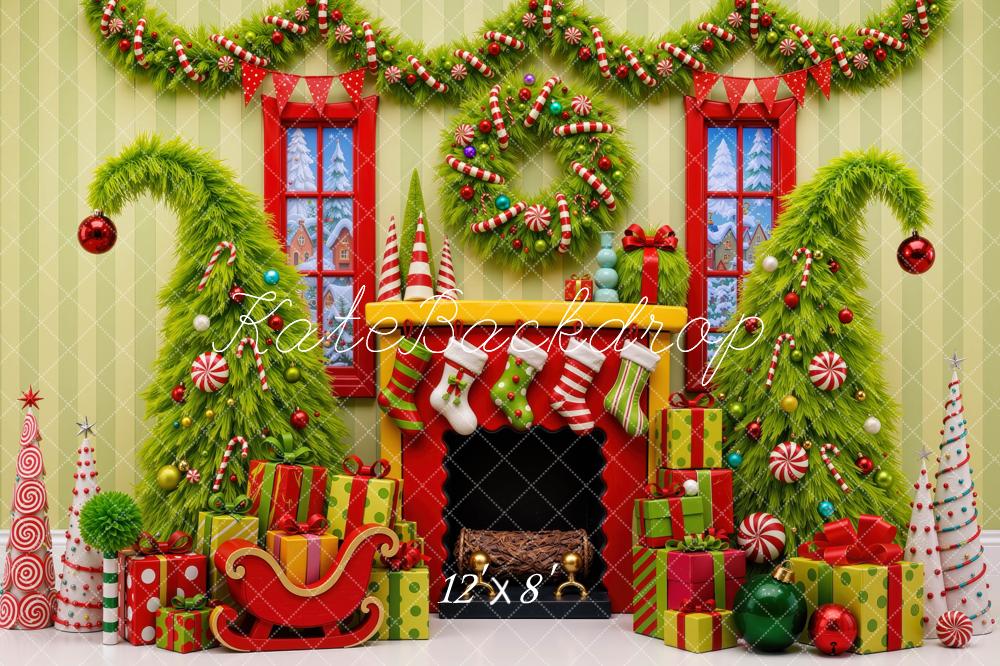 Kate Christmas Whimsical Fireplace Trees Presents Green Wall Printed Backdrop Designed by Mini MakeBelieve