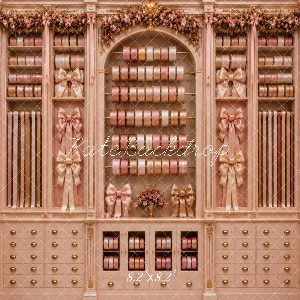 Kate Christmas Pink Ribbon Bow Cabinet Printed Backdrop Designed by Vertigo Productions