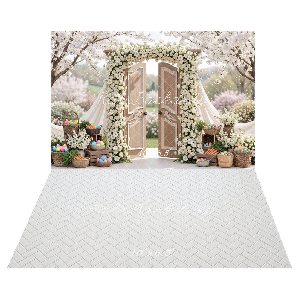 Kate Easter Bunny Flower Arch Door Baskets Backdrop+White Herringbone Floor Backdrop