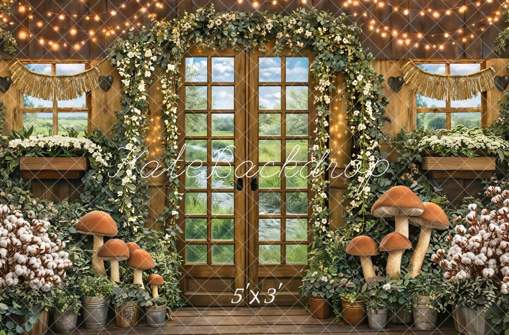 Kate Spring Mushroom Garland Fairy Lights Rustic Cottage Printed Backdrop Designed by Mini MakeBelieve