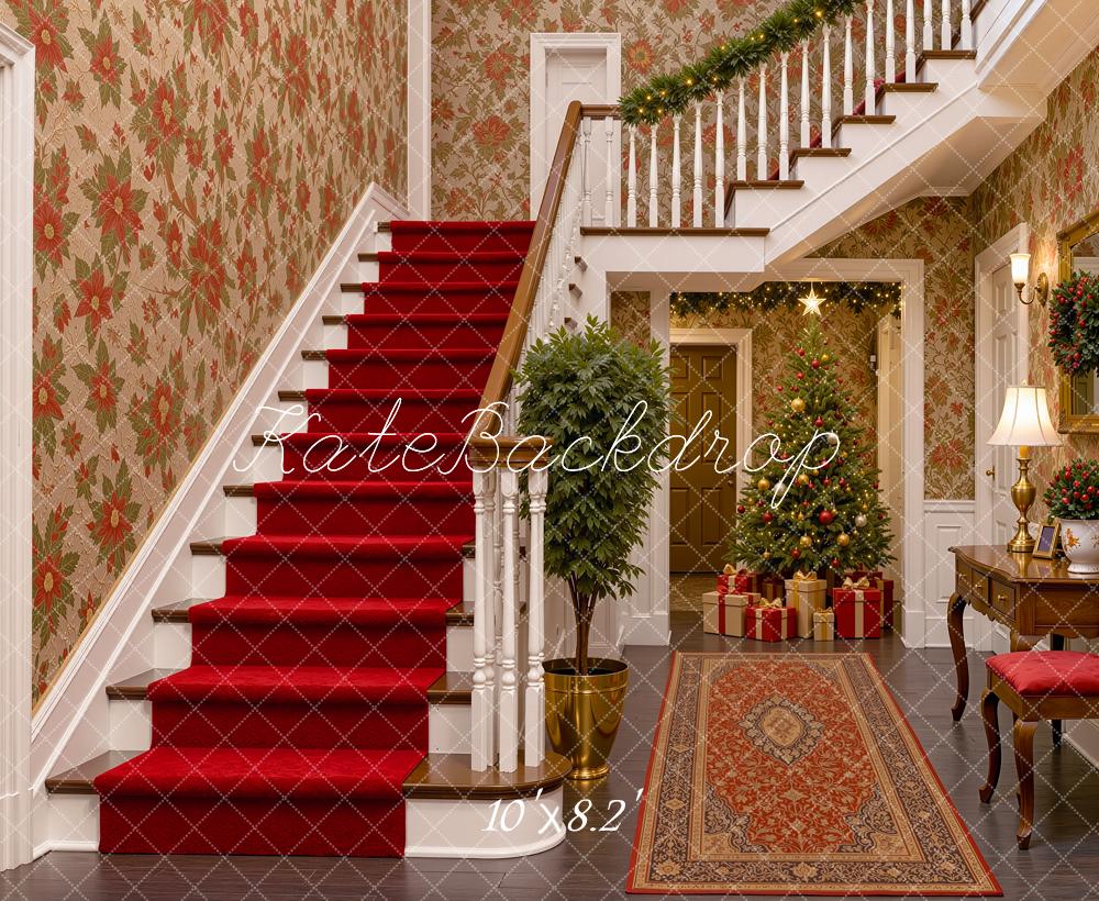 Kate Christmas Staircase Vintage Red Christmas Tree Printed Backdrop Designed by Shutter Swan Studios