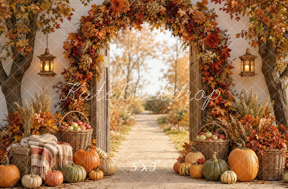 Kate Fall Flower Arch Pumpkin Baskets Garden Path Printed Backdrop Designed by Emetselch