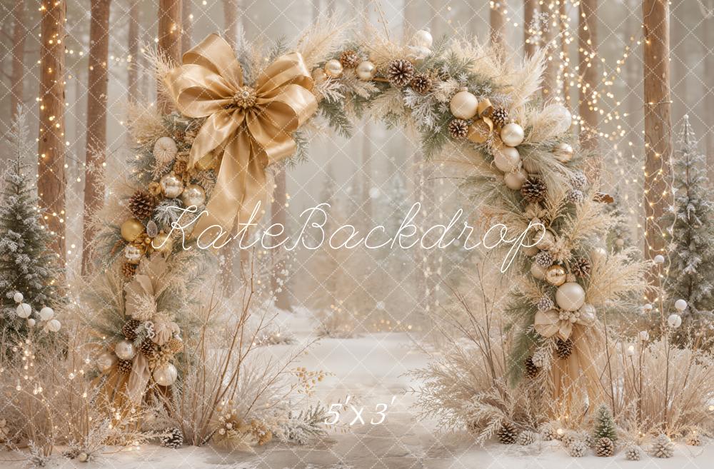 Kate Christmas Flower Arch Gold Bow Ornaments Snowy Forest Printed Backdrop Designed by Emetselch
