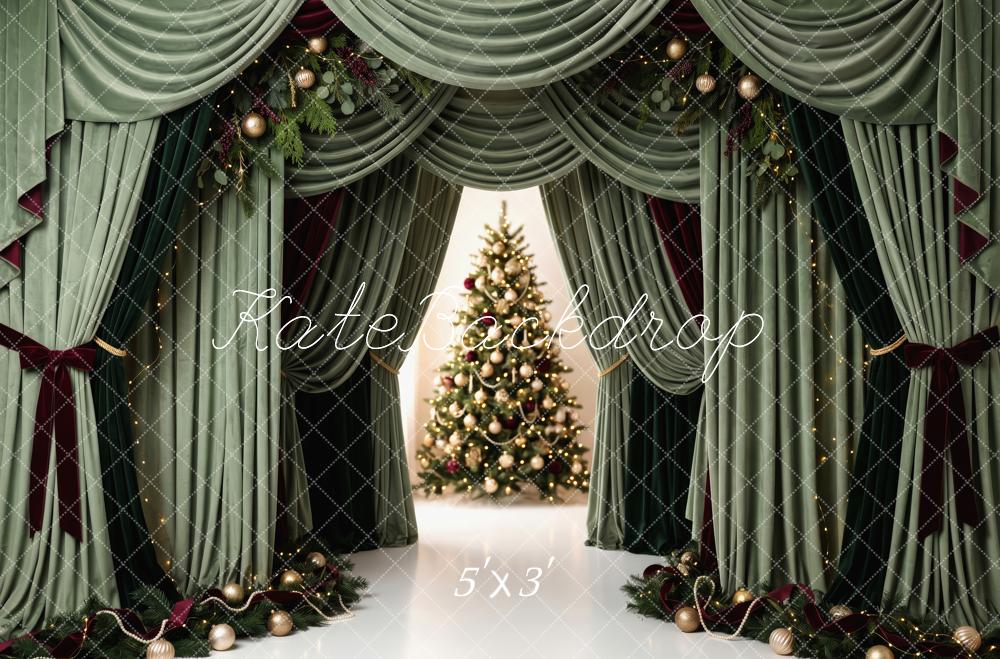 Kate Christmas Green Curtains Drapery Christmas Tree Printed Backdrop Designed by Patty Roberts