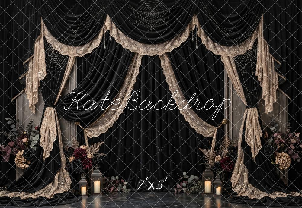 Kate Halloween Gothic Black Lace Victorian Mourning Drapery Printed Backdrop Designed by Patty Roberts