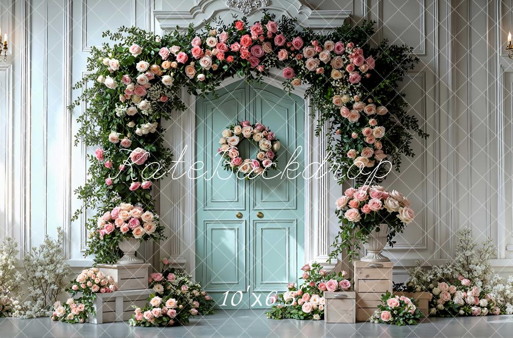 Kate Spring Flower Arch Mint Door Floral Crates Backdrop Designed by Mini MakeBelieve