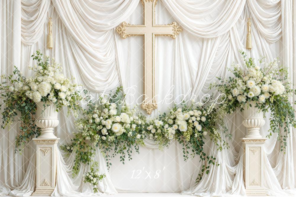 Kate Church Wedding White Drapery Cross Floral Columns Printed Backdrop Designed by Mini MakeBelieve