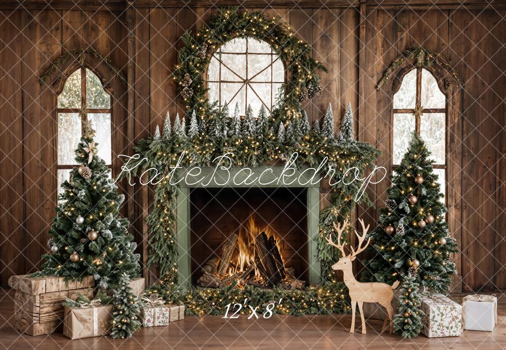 Kate Christmas Tree Wood Fireplace Wreath Deer Backdrop Designed by Emetselch