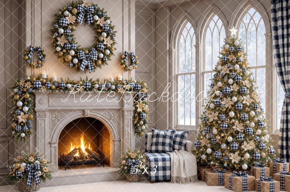 Kate Christmas Fireplace Plaid Wreath Tree Window Printed Backdrop Designed by Mini MakeBelieve