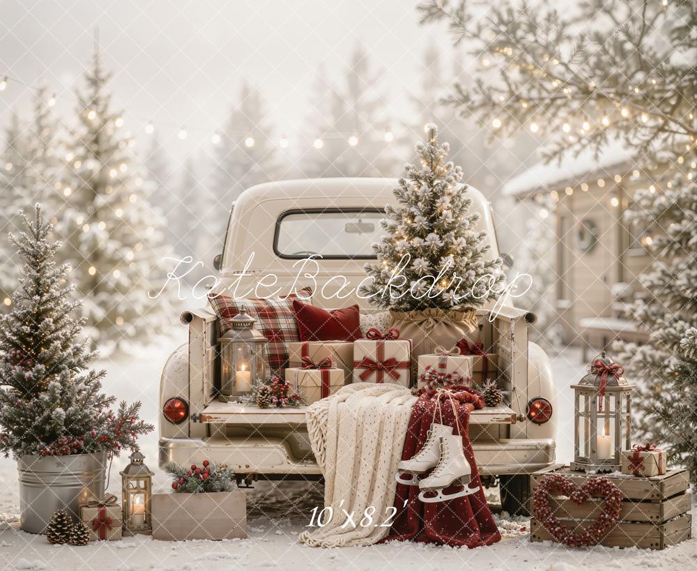 Kate Christmas Vintage White Truck Tree Gifts Ice Skates Snow Printed Backdrop Designed by Emetselch