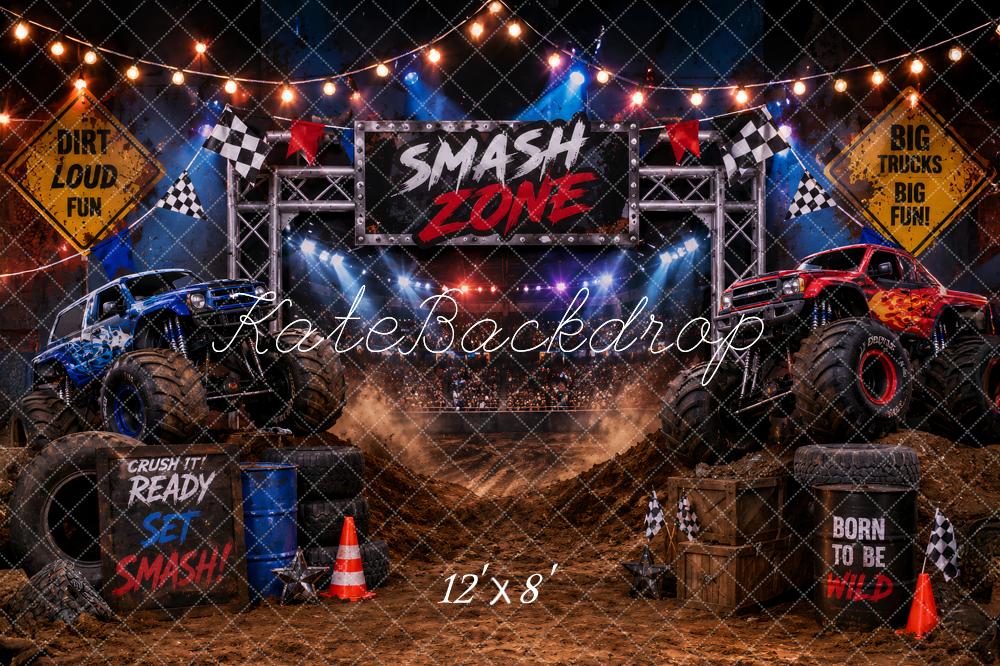 Kate Cake Smash Monster Truck Zone Dirt Arena Checkered Flags Printed Backdrop Designed by Ashley Paul