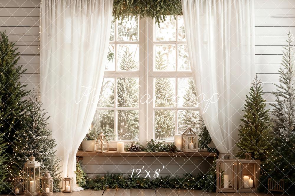 Kate Christmas Winter White Window Pine Trees Lanterns Backdrop Designed by Emetselch