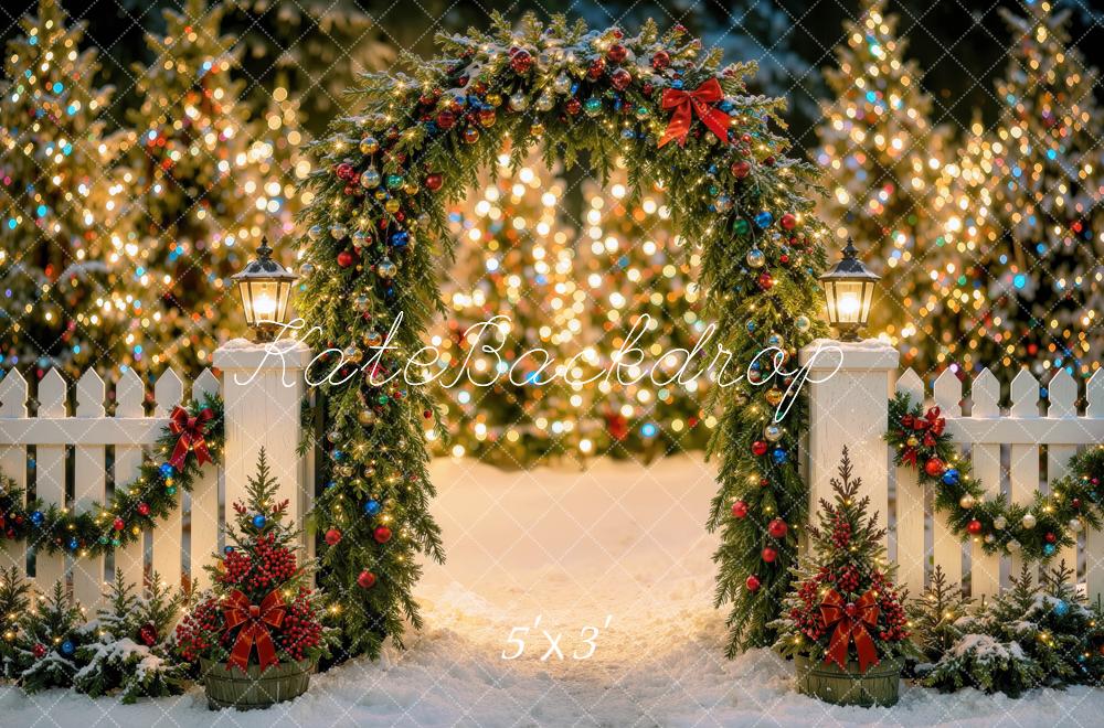 Kate Christmas Night Garland Arch Fence Glow Trees Printed Backdrop Designed by Mini MakeBelieve