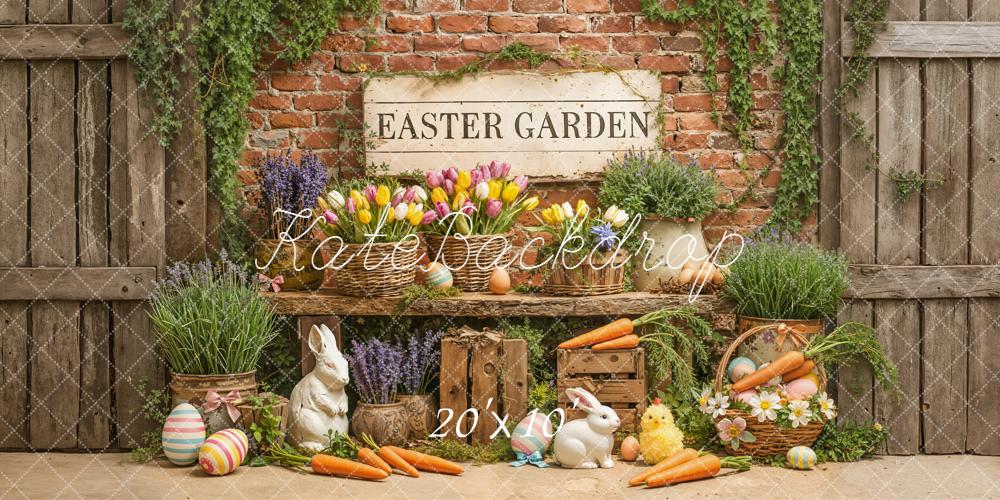 Kate Easter Bunny Flowers Greenery Vintage Brick Wall Backdrop Designed by Emetselch