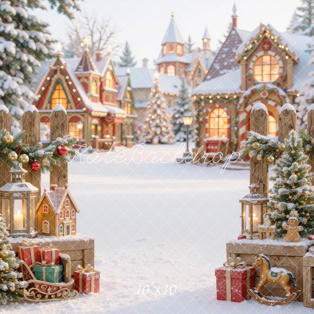 Kate Christmas Snowy Village Gingerbread Houses Printed Backdrop Designed by Mini MakeBelieve