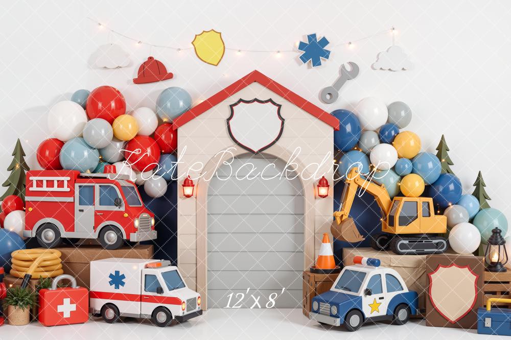 Kate Cake Smash Fire Truck Ambulance Police Car Construction Balloons Garage Printed Backdrop Designed by Mini MakeBelieve