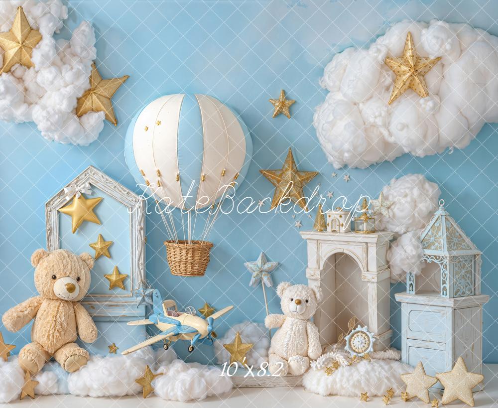 Kate Cake Smash Blue Hot Air Balloon Airplane Teddy Bear Cloud Backdrop Designed by Emetselch