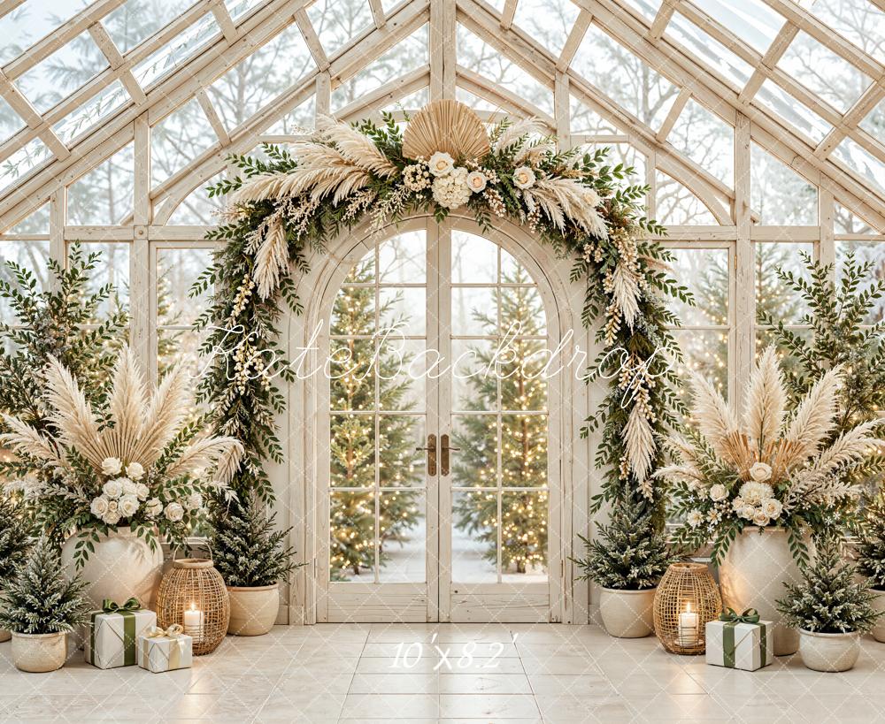 Kate Christmas Greenhouse Boho Floral Arch Evergreen Trees Printed Backdrop Designed by Emetselch