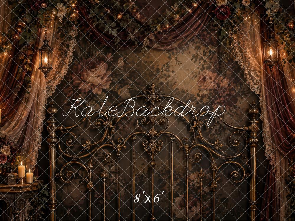 Kate Vintage Brown Gothic Headboard Floral Drapes Printed Backdrop Designed by Laura Bybee
