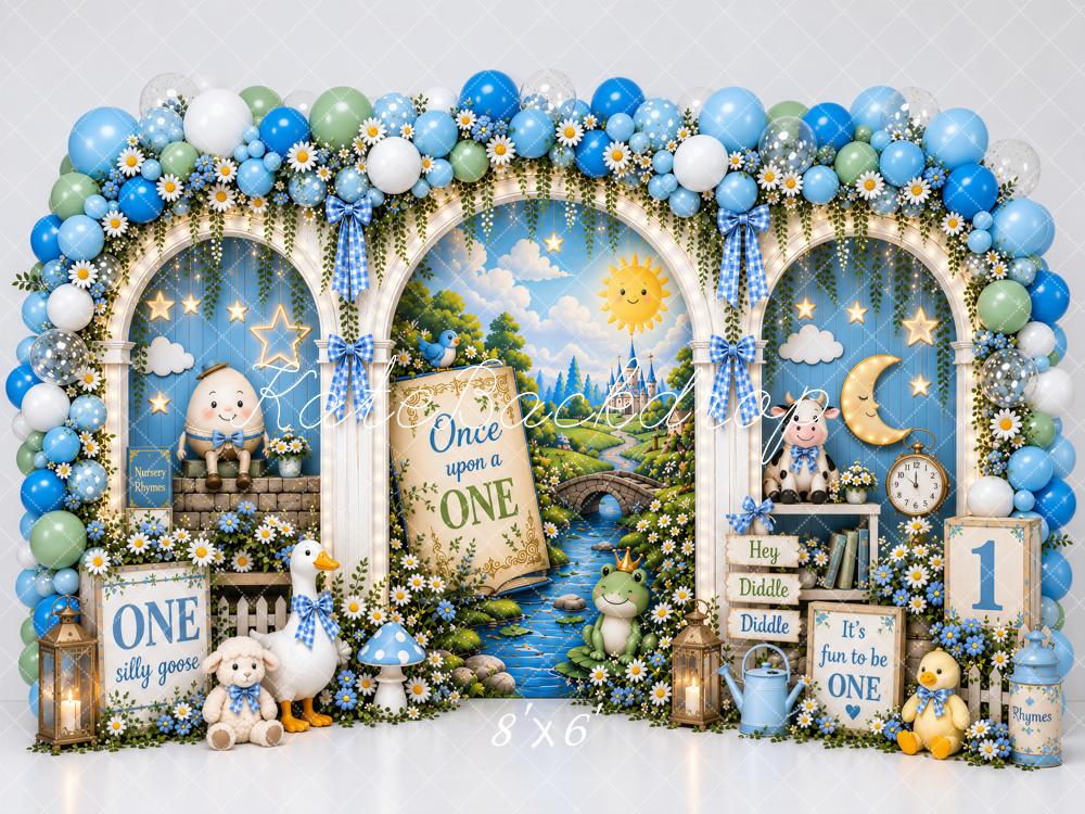 Kate 1st Birthday Nursery Storybook Balloon Arch Goose Blue Printed Backdrop Designed by Ashley Paul