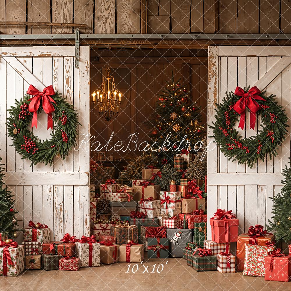 Christmas White Barn Doors Wreaths Trees Gifts Backdrop Designed by Emetselch