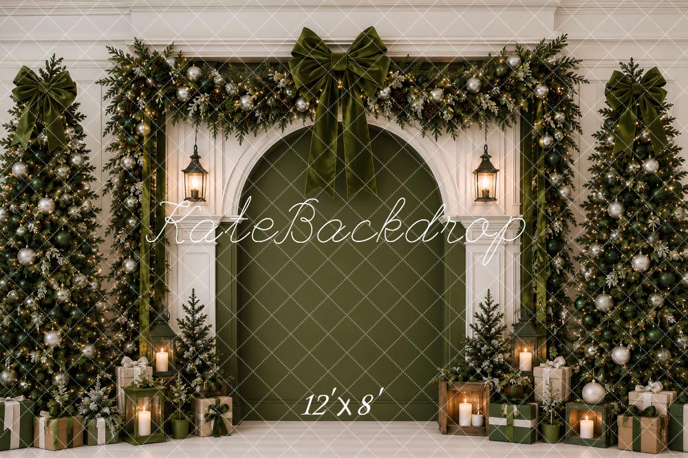 Kate Christmas Green Garland Arched Wall Bows Tree Printed Backdrop Designed by Ashley Paul