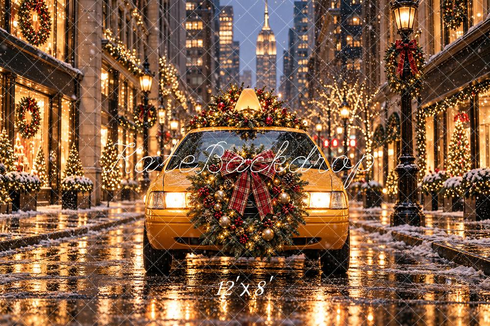 Kate Christmas Yellow Taxi Snowy City Street Printed Backdrop Designed by Angela Miller