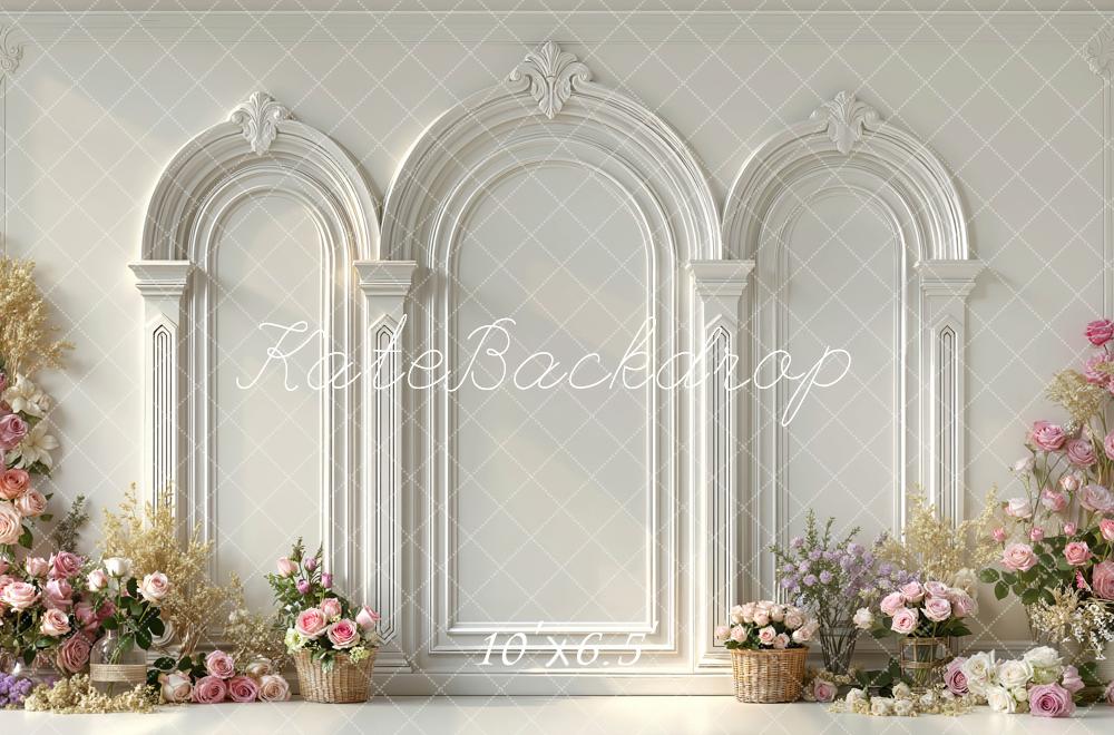 Kate White Arch Wall Flower Arrangement Printed Backdrop Designed by Mini MakeBelieve