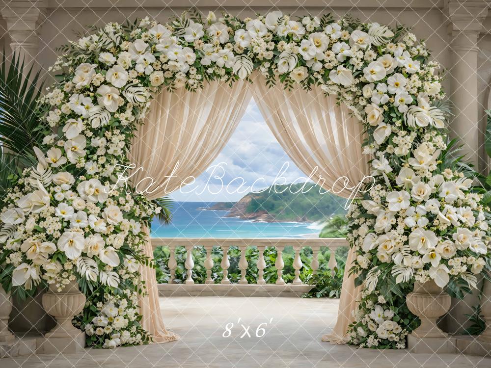 Kate Summer Flower Arch White Floral Drapes Ocean View Printed Backdrop Designed by Mini MakeBelieve
