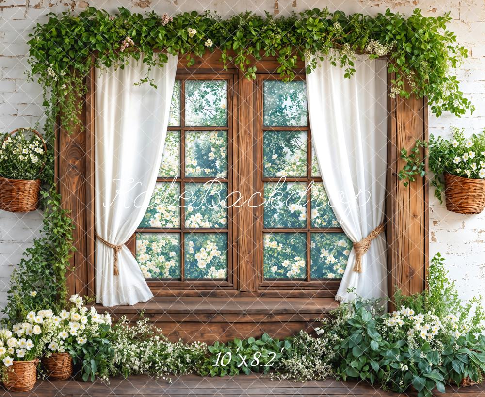 Kate Spring Rustic Wood Window White Brick Greenery Flowers Backdrop Designed by Emetselch