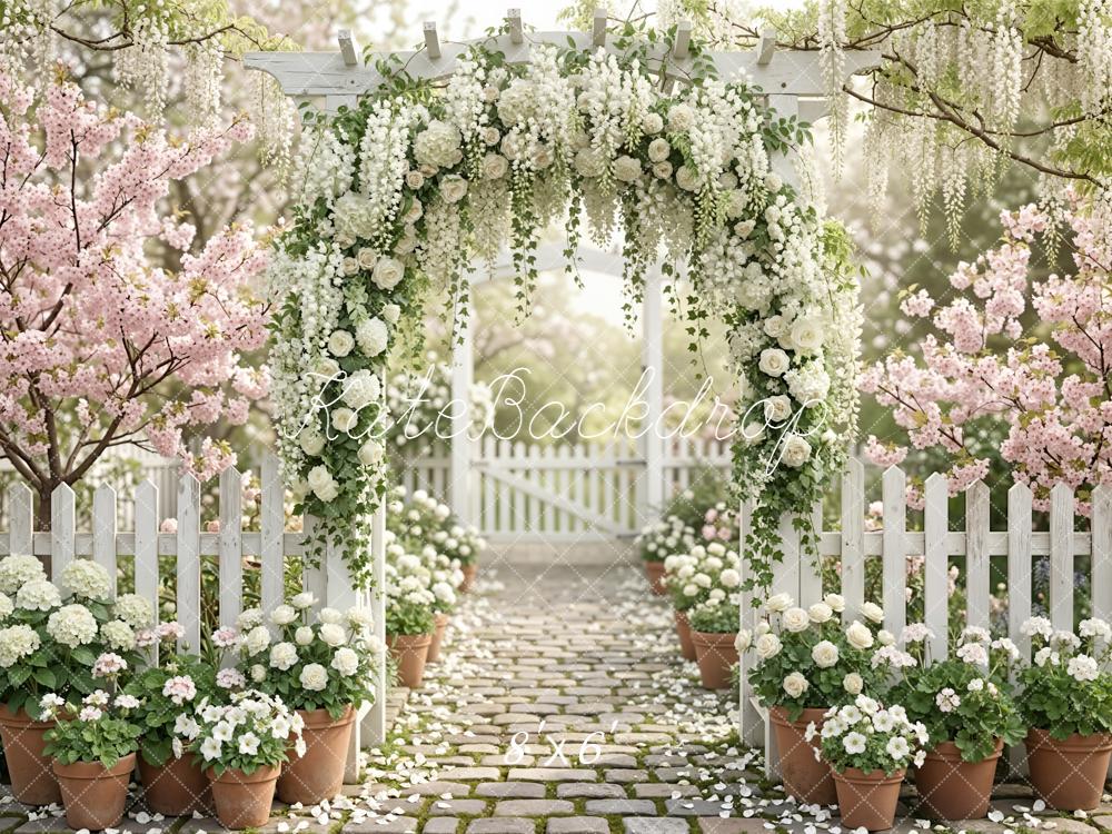Kate Spring Flower Arch White Roses Cobblestone Path Garden Printed Backdrop Designed by Emetselch