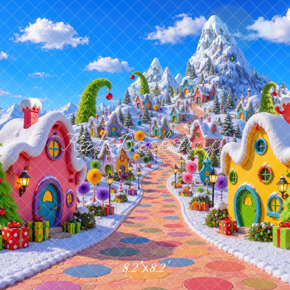 Kate Christmas Whimsical Whoville Candy Village Snowy Mountains Printed Backdrop Designed by Mini MakeBelieve