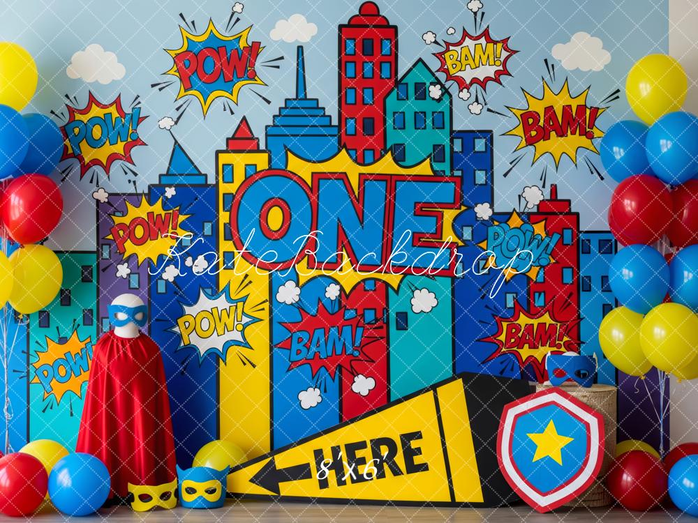Kate Cake Smash Superhero Comic City Skyline Pop Art Backdrop Backdrop Designed by Patty Roberts