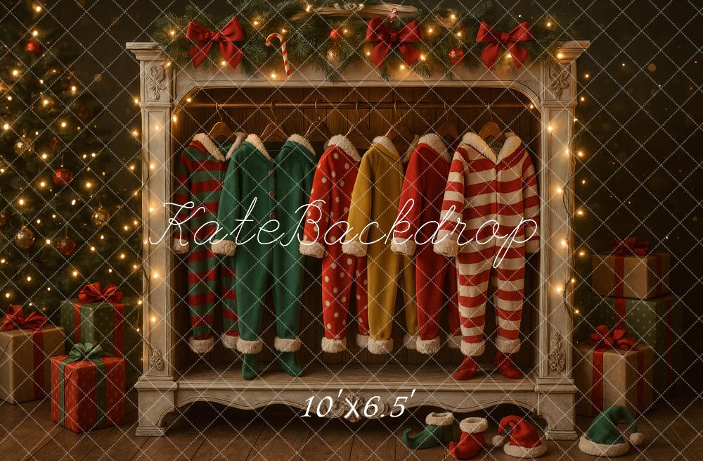 Kate Christmas Pajamas Closet Tree Lights Printed Backdrop Designed by Ashley Paul