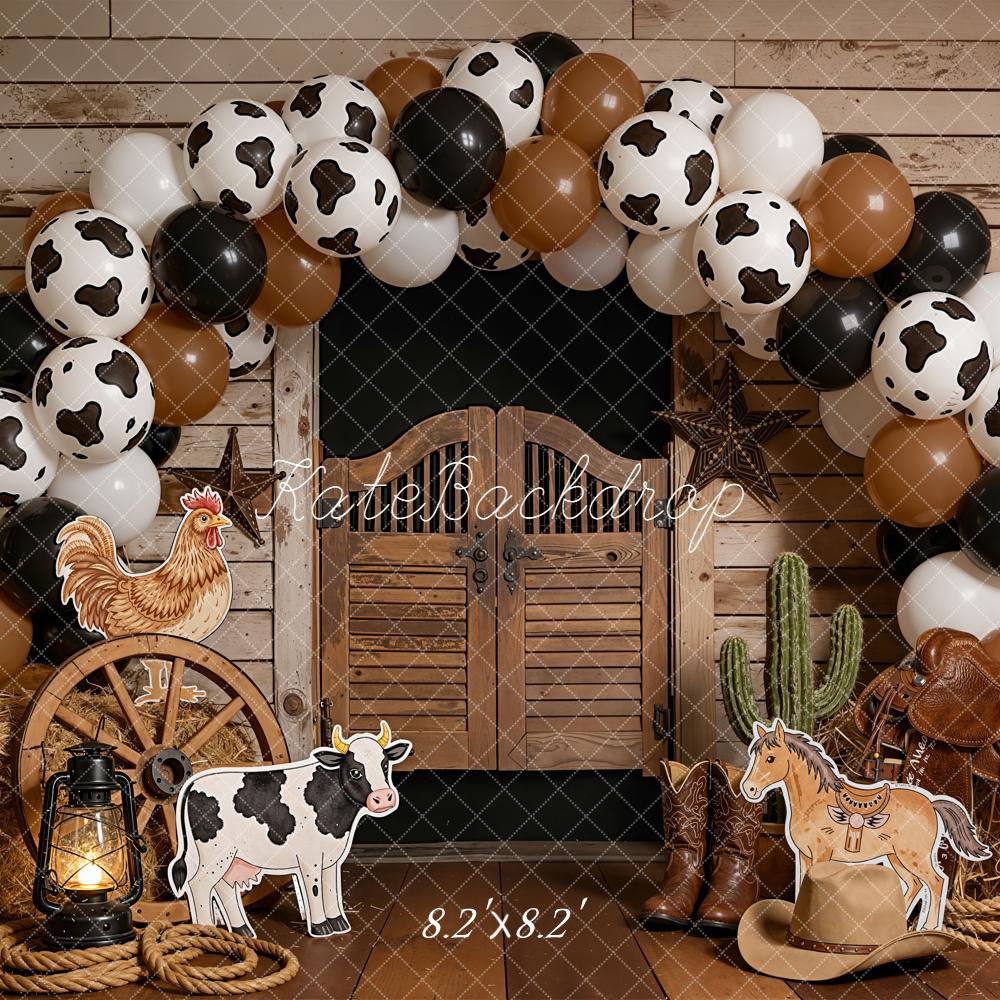Kate Cake Smash Western Saloon Barn Cow Print Balloon Arch Farm Animals Backdrop Designed by Emetselch