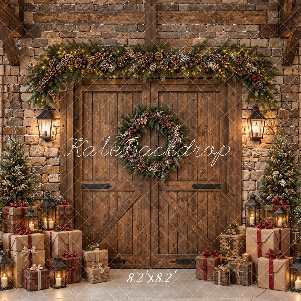 Kate Christmas Rustic Wood Barn Door Pine Trees Gifts Printed Backdrop Designed by Emetselch
