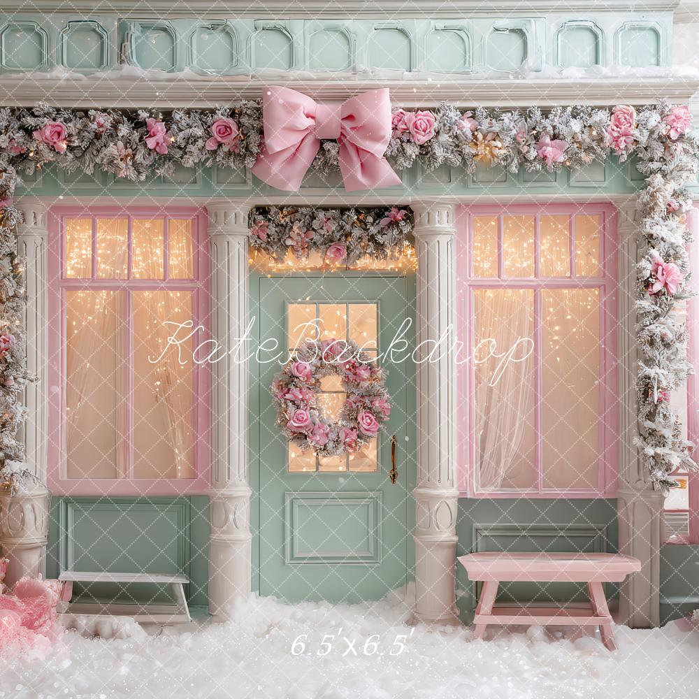 Kate Christmas Pink Shop Front Floral Garland Bow Snow Backdrop Designed by Ashley Paul