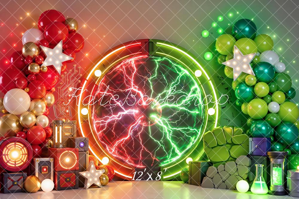 Kate Cake Smash Superhero Portal Electric Balloons Science Printed Backdrop Designed by Mini MakeBelieve