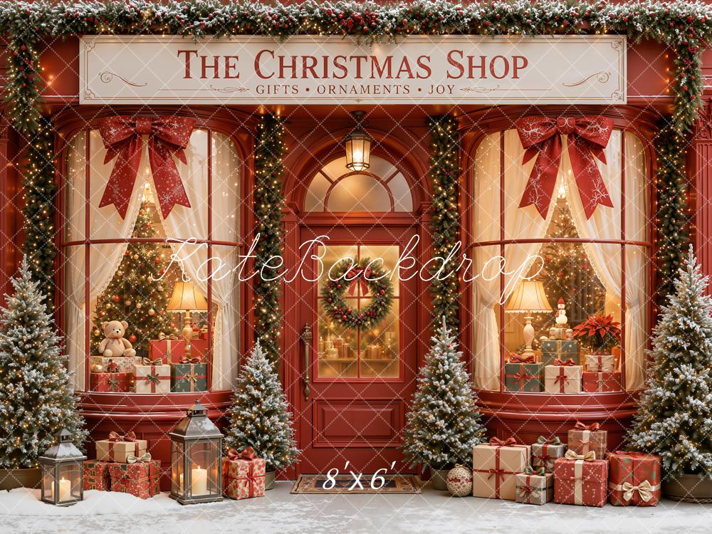 Kate Christmas Storefront Red Gift Boxes Christmas Trees Printed Backdrop Designed by Emetselch