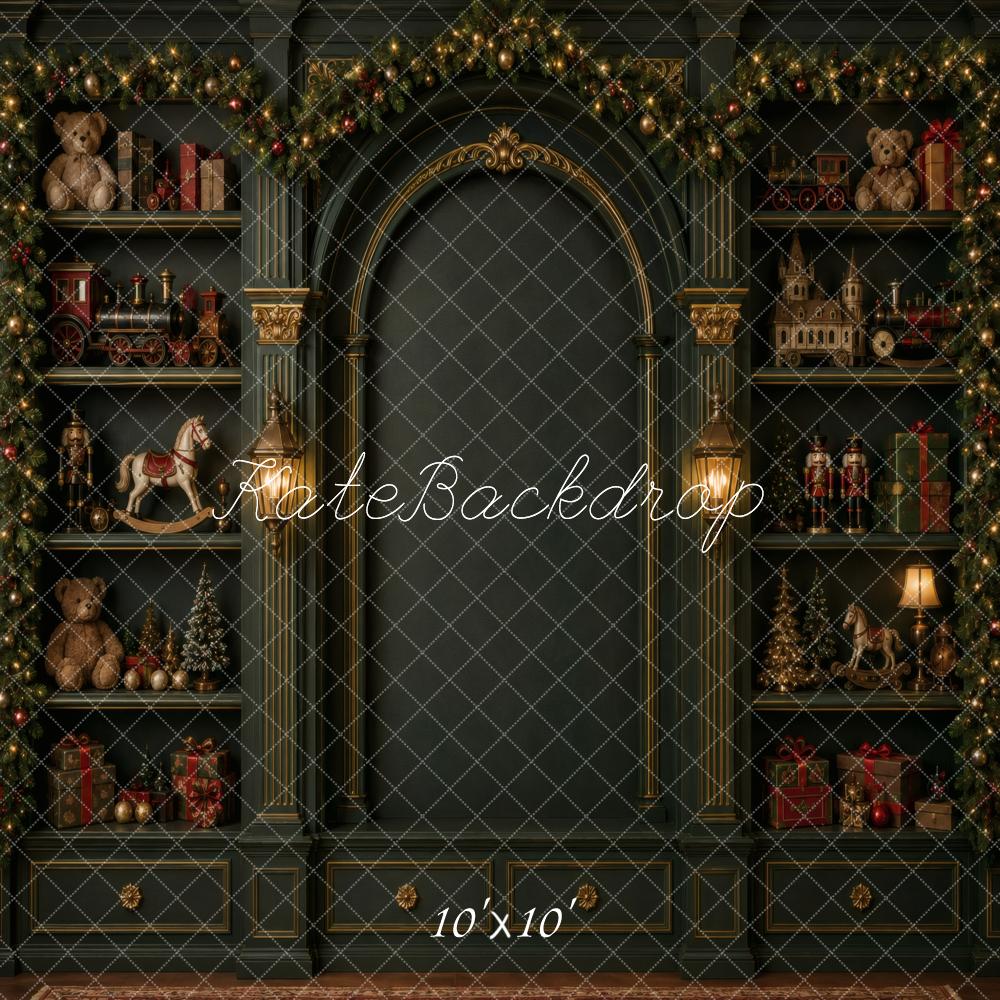 Kate Christmas Green Arch Garland Toy Shelves Printed Backdrop Designed by Vertigo Productions