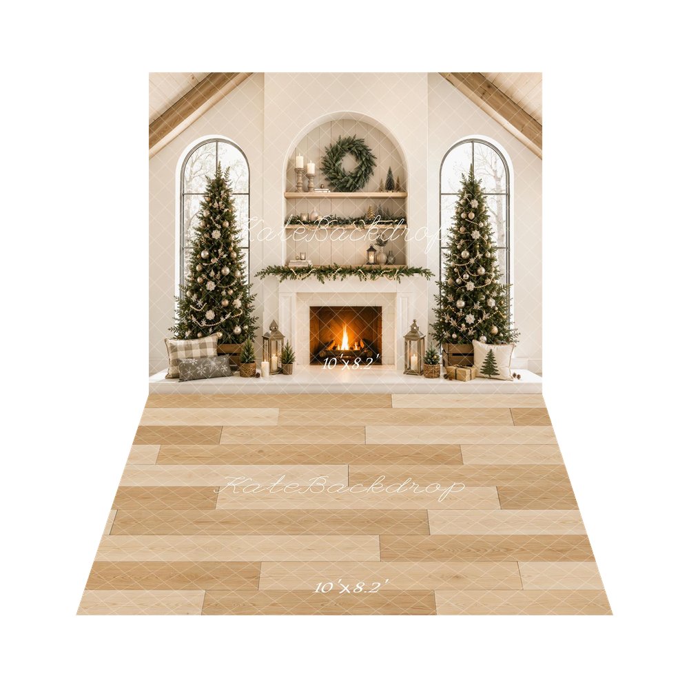 Kate Christmas Fireplace Trees Gable Roof Arched Windows Printed Backdrop+Beige Wood Plank Floor Printed Backdrop