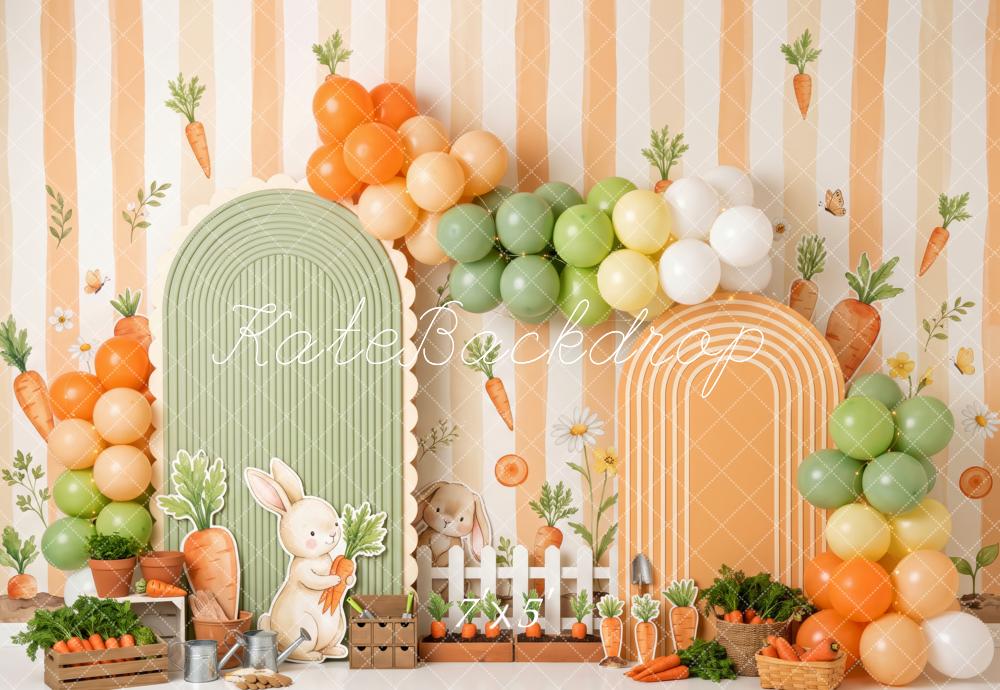 Kate Easter Birthday Carrot Stripe Balloons Arches Bunny Garden Printed Backdrop Designed by Patty Roberts