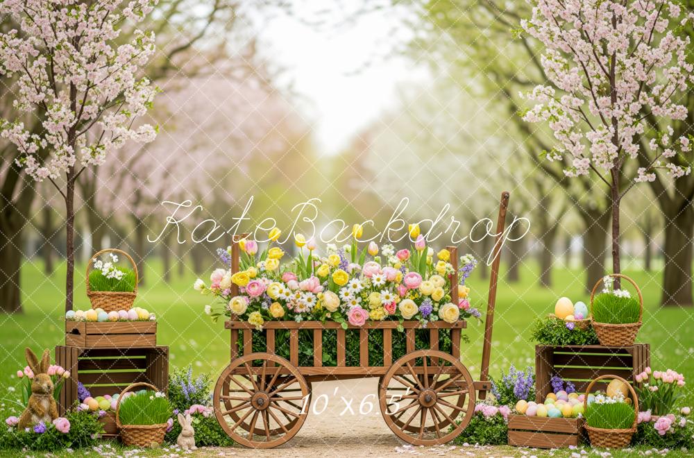 Kate Easter Bunny Flower Cart Blossom Trees Printed Backdrop Designed by Patty Roberts