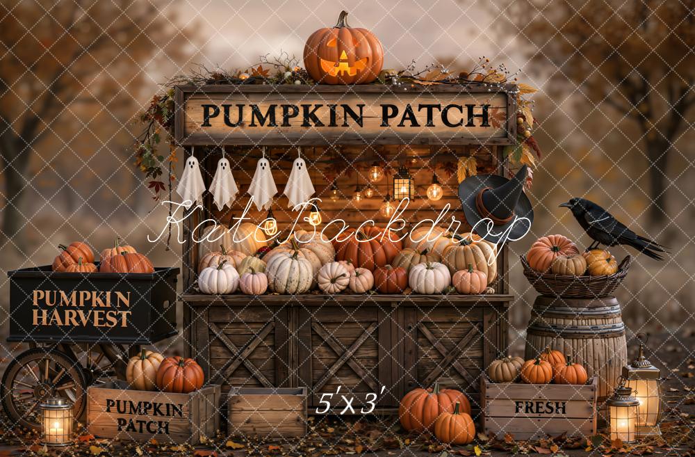 Kate Halloween Pumpkin Patch Ghosts Harvest Stand Forest Printed Backdrop Designed by Emetselch