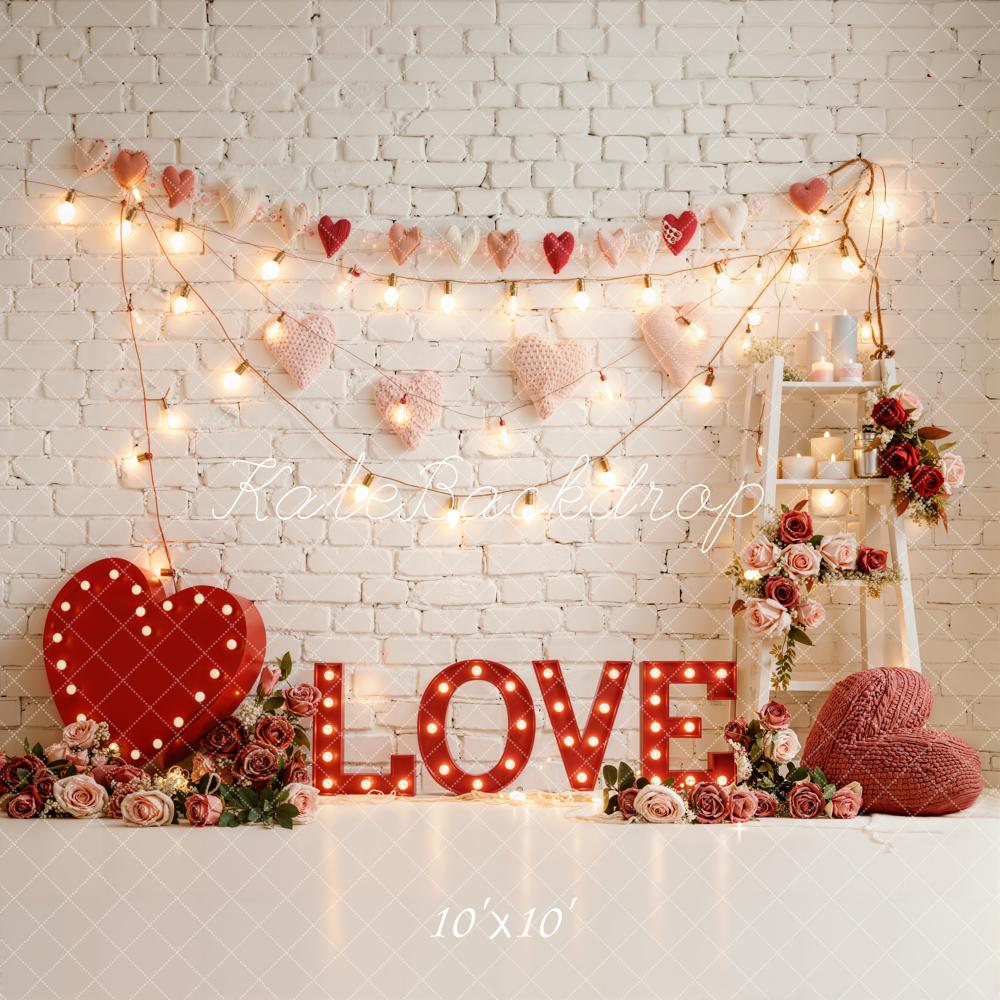 Kate Valentine's Day Love Heart Roses Lights Printed Backdrop Designed by Emetselch