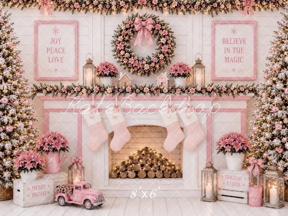 Kate Christmas Pink Floral Fireplace Wreath Stockings Printed Backdrop Designed by Ashley Paul